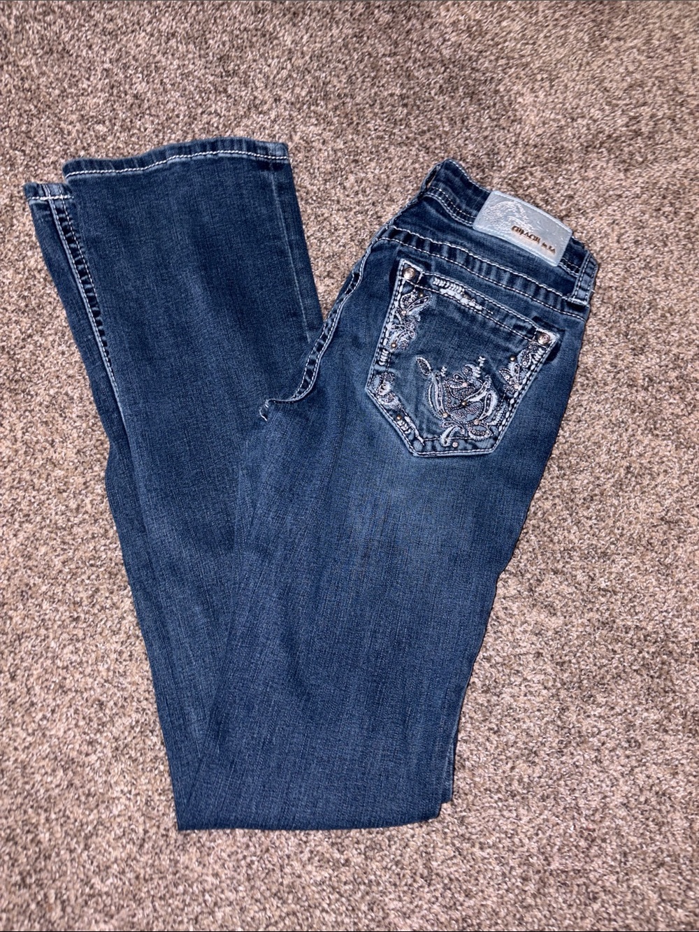 Grace in LA Dark Blue Boot Cut Jeans with Embroidered Pockets